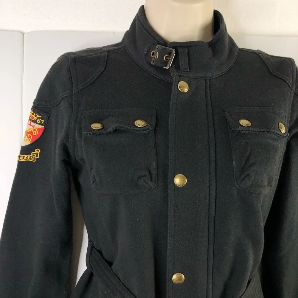 Ralph Lauren Black Belted Crest Cargo Jacket Teens 12/14 Shoulder Elbow Patches